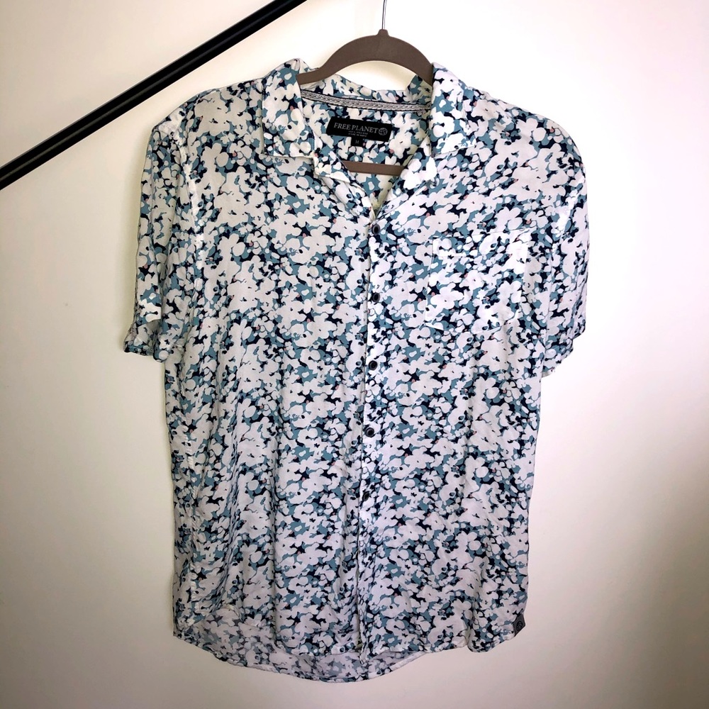 BLUE WHITE DESIGN CASUAL RELAXED FIT BUTTON SHIRT